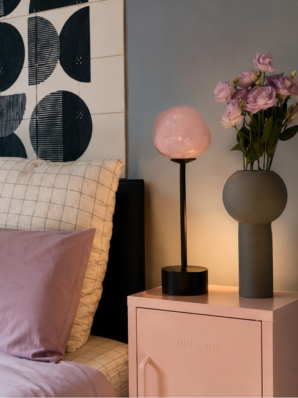 Modern Black Table Lamp with Soft Pink Glass Shade